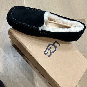 UGG Black and Cream Moccasins with Plush Lining